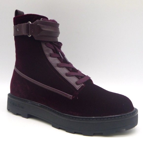 Calvin Klein Vanora Burgundy Velvet Ankle Combat Women's Boots Size 7 M - Picture 1 of 10